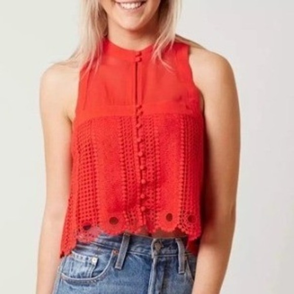 Free People Tops - Free People Red Sleeveless Crochet Lace Crop Top High Neck Button Front Small